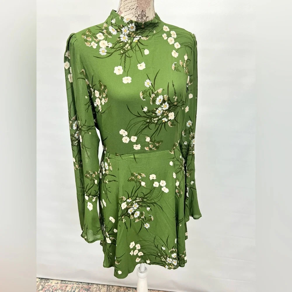 REFORMATION Lomita Green floral long sleeve open back PERSIS mini dress size 10. - Picture 10 of 16